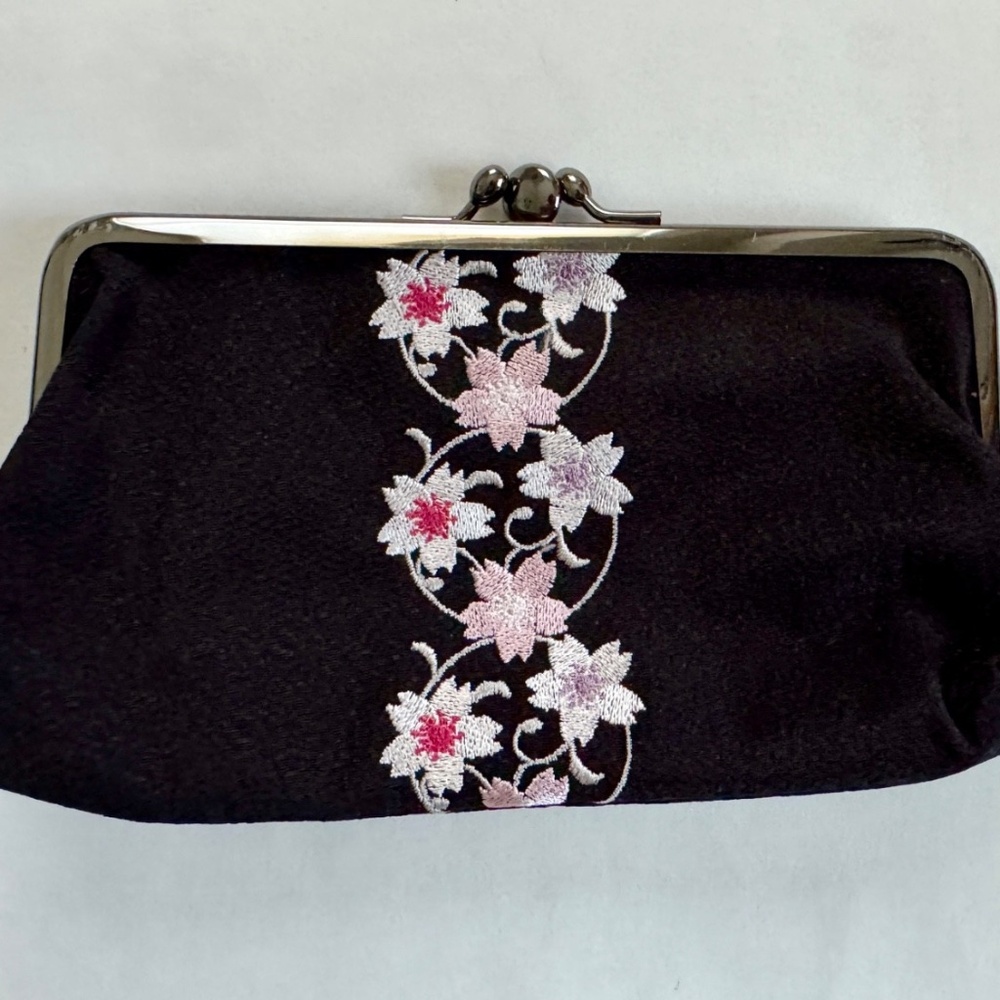 Black Cherry Blossom Evening Clutch, Japan Black with Silver Clasps, Two pockets